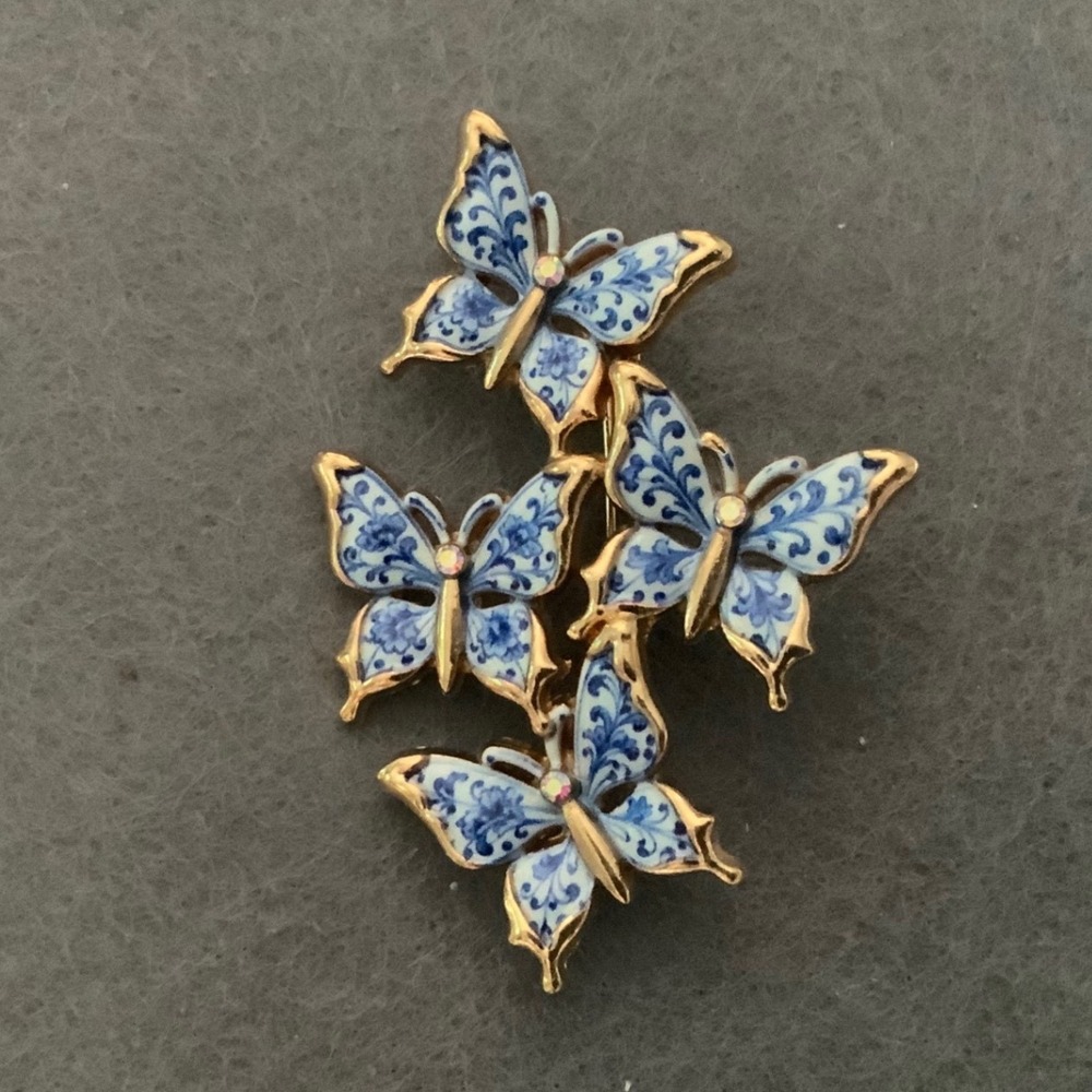 Vintage Blue White Enamel Butterfly Cluster Brooch Gold Tone Rhinestone Pin